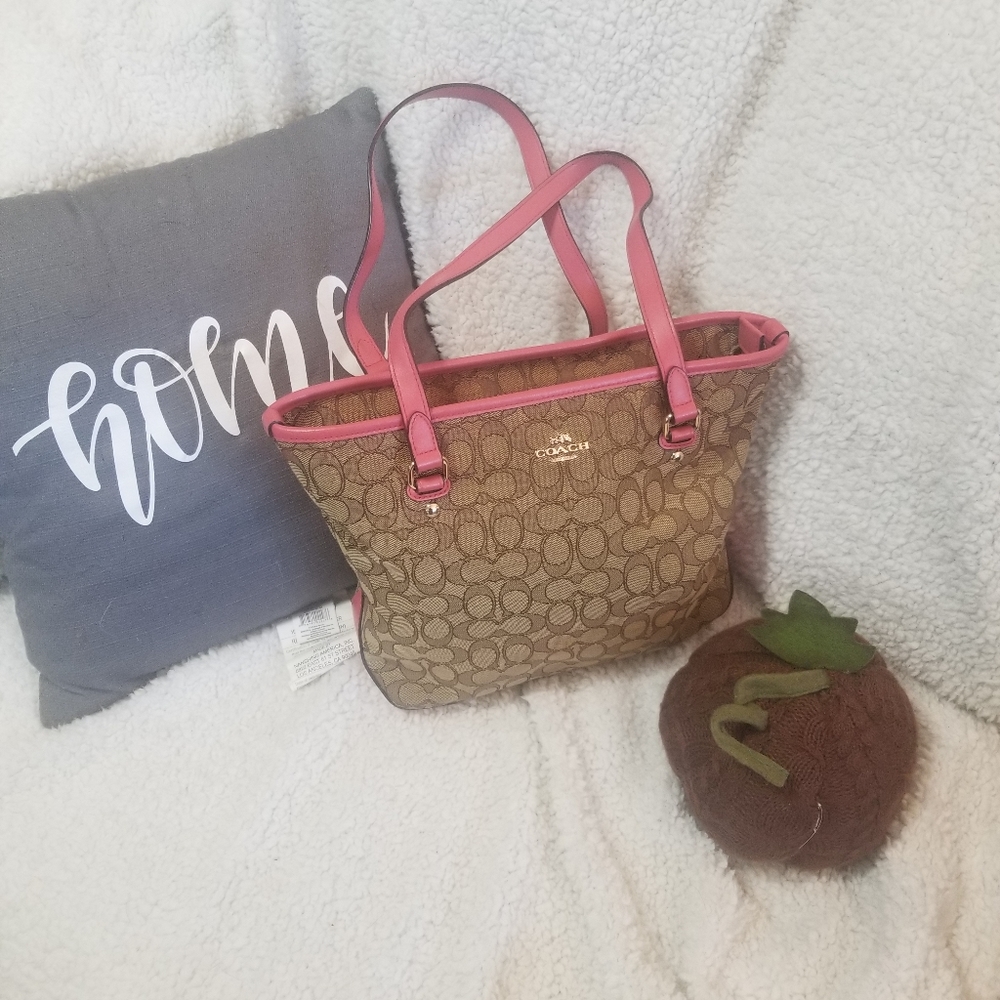 Coach Signiture Khaki and Pink Tote